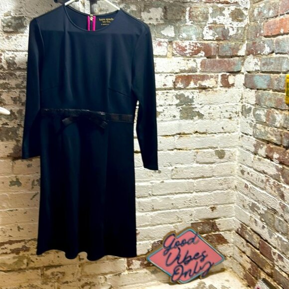 KATE SPADE NEW YORK black cocktail dress with sequined bow belt detail. Back zip - Picture 1 of 7